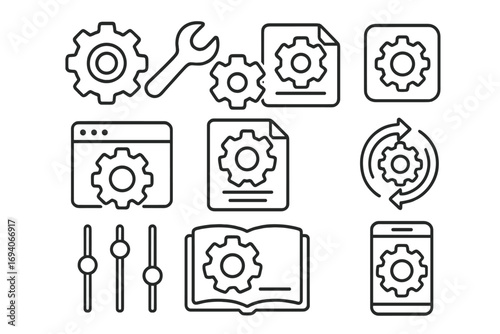 Settings and mechanism line icon set. Gear, cog, and wrench symbols for configuration and setup. Vector icons for UI, UX, web design, apps and user manuals. Editable stroke.