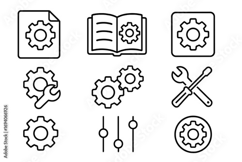 Mechanism settings line icon set. Technical support, options, and preferences symbols. User manual guide. UI UX for web and apps. Editable stroke vector. Gear, cog, and tools.