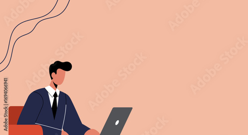 Professional businessman working on a laptop in a minimalist office setting, representing remote work, digital communication, and productivity.