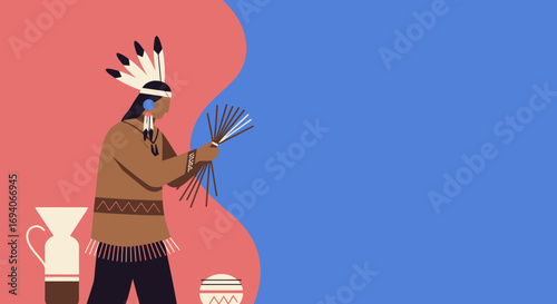 Indigenous person in traditional attire holding reeds, symbolizing culture, craft, and heritage. Ideal for themes of diversity, history, and community.