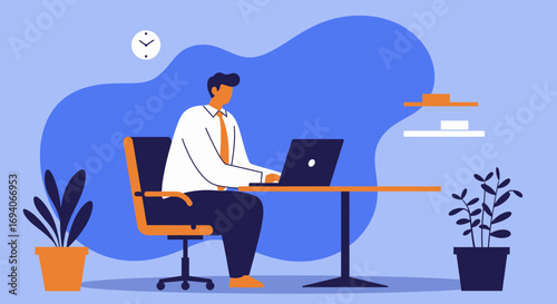 Professional man focused on his laptop, working efficiently in a modern office or home office environment. Ideal for business, remote work, and productivity concepts.