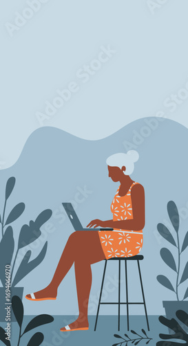 Mature woman using a laptop in a cozy, plant-filled home environment. Illustrates remote work, modern lifestyle, technology for seniors, and productive leisure time.