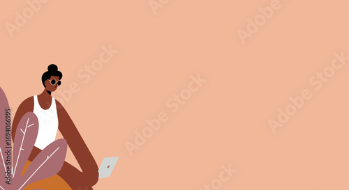 Stylish woman working on a laptop, embodying remote work, digital lifestyle, or casual business in a relaxed setting with natural elements. Copy space.