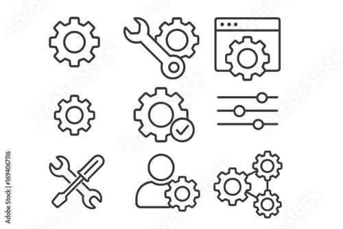 Settings and mechanism line icon set. Gear, cog, and tool symbols for configuration, setup, and maintenance. Vector icons for web and app UI. Editable stroke design.