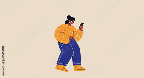 Flat design illustration of a woman walking and interacting with her smartphone. Represents digital communication, social media, and mobile connectivity.