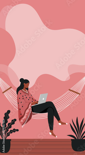 Woman comfortably working on a laptop in a hammock, symbolizing remote work, digital nomad lifestyle, and work-life balance. Perfect for modern productivity and relaxation themes.