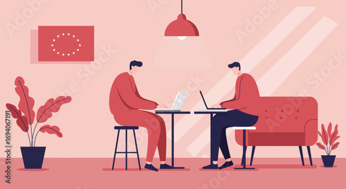 Digital nomads or colleagues working on laptops in a stylish, modern cafe setting. Illustrates remote work, collaboration, and flexible office life.