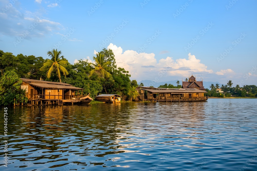 Fototapeta premium Floating House and Houseboat on the lake.