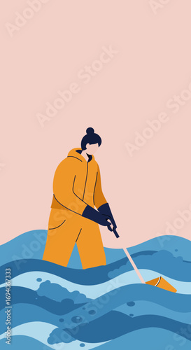 Person in protective suit cleaning water with a scoop net, symbolizing environmental protection, flood cleanup, and pollution control efforts. Dedicated work for a cleaner future.