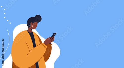 Modern woman using her smartphone, engaged in digital communication, social media, or online tasks. Ideal for technology and lifestyle concepts.