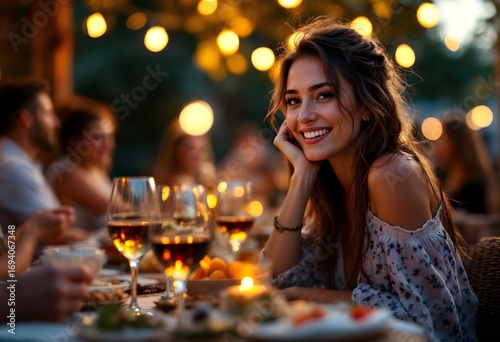 A woman smiles at an outdoor dinner party with warm string lights.