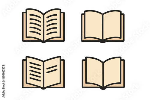 Open book icon set. Education, learning, and knowledge symbols. Reading and literature concept. Library pictogram collection for web design, apps, and study materials. Vector.