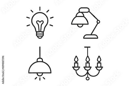 Light icons set. Illumination line symbols. Light bulb for idea, desk lamp, pendant lamp, chandelier. Simple outline vector pictogram pack for web and graphic design.