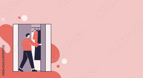 Man opening a closet, selecting clothes for the day. Represents daily routine, personal style, shopping, fashion choices, and home organization.