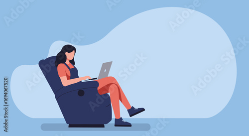 Woman comfortably working from home on her laptop in a recliner. Represents remote work, online learning, relaxation, and modern lifestyle concepts.