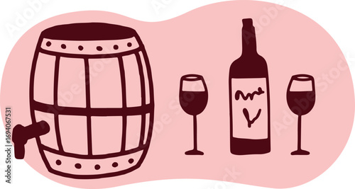 Wine. Winemaking Serving A glass and wine. People drink wine. Pleasure from life. Line art	
