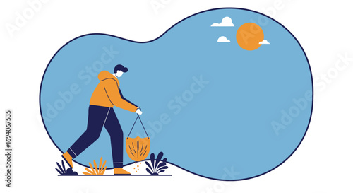 Person carries a planter in a serene outdoor setting, illustrating gardening, nature care, and sustainable lifestyle. Perfect for environmental or hobby themes.