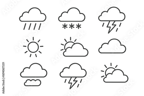 Weather forecast line icon set. Minimalist outline pictograms for web and graphic design. Collection includes sun, cloud, rain, snow, thunderstorm, and fog symbols. Simple vector.