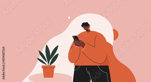 Stylish person using a smartphone for communication, social media, or online tasks in a minimalist home or office setting. Represents modern digital lifestyle and technology use.