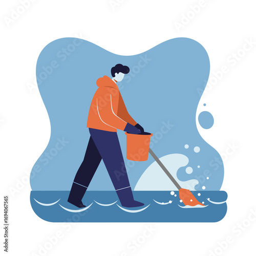 Person actively cleaning up a flooded area, using a mop and bucket. This illustration represents flood damage, maintenance, emergency response, or dedicated cleaning services.