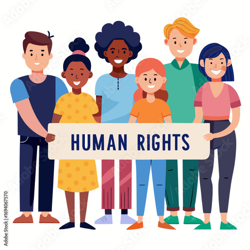 Diverse group of people holding a banner for a human rights campaign