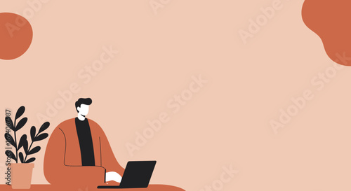 Minimalist illustration of a person working remotely on a laptop in a calm, modern home office setting with a plant. Ideal for business, education, or lifestyle content.