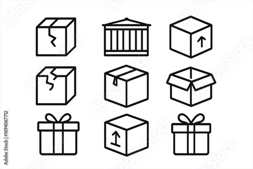 Set of boxes line icons. Package, delivery, shipping container. Parcel, gift box, present outline signs. Broken, open, closed carton. Vector graphic for web, app design.