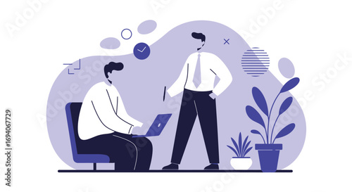 Two businessmen collaborate in a modern office, one working on a laptop while the other offers guidance. Ideal for teamwork, strategy, or mentorship concepts.