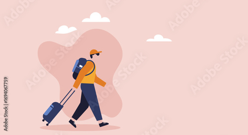 Traveler with backpack and rolling suitcase embarks on a journey. Represents vacation, adventure, exploration, and modern tourism concepts.