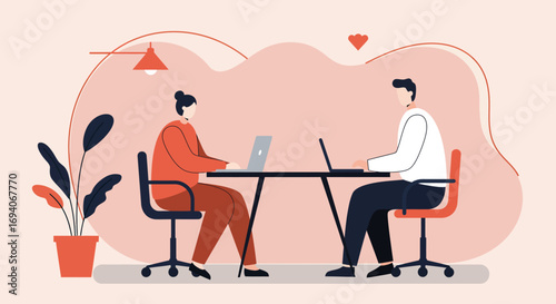 Two colleagues or partners collaborating at a desk, working on laptops in a modern office or coworking space. Ideal for business, teamwork, or remote work concepts.