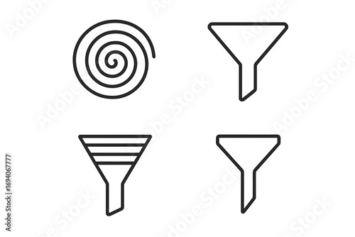 Set of funnel and spiral line icons. Metaphor for sales funnel, data filtering, marketing conversion, and lead management. Chaos and order concept symbols. Vector signs.