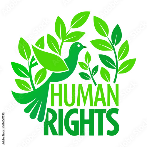 Human rights typography with green leaves and symbolic elements