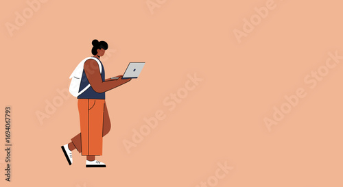 Illustration of a modern person walking with a laptop and backpack, embodying mobile productivity, remote learning, digital nomad, and connectivity.