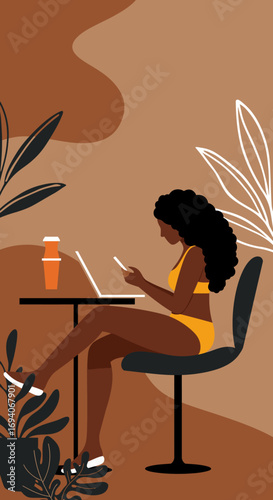 Stylish woman in swimwear working on her laptop and phone, embodying remote work flexibility and a modern digital nomad lifestyle. Perfect for summer and travel concepts.