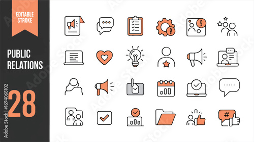 Public Relations Line Icons 28 Editable Stroke Vector Illustrations