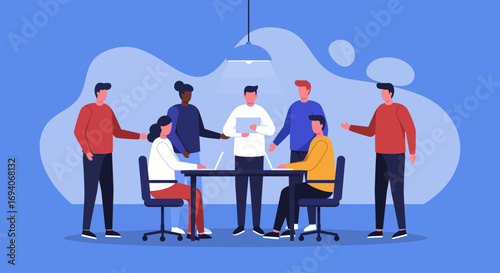 Diverse business team collaborating in a modern office meeting, discussing strategies and ideas. Ideal for concepts of teamwork, innovation, and professional partnership.