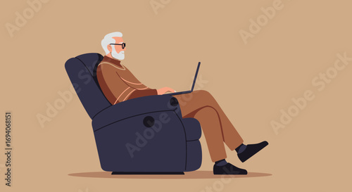 Elderly man comfortably using a laptop in a recliner, depicting modern senior lifestyle, remote work, learning, and digital connection at home.
