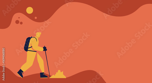 A determined explorer with a backpack and walking stick treks across a vibrant, stylized desert landscape under a bright sun, symbolizing adventure and discovery.