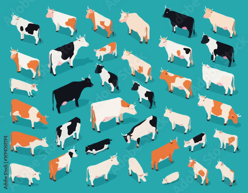 Isometric 3d vector set of cows.