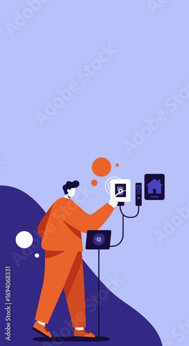 Person interacting with smart home devices, controlling house automation system. Illustrates modern lifestyle, technology, and home management concepts for convenience and efficiency.