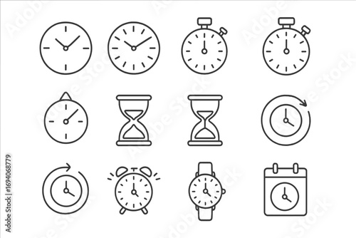 Time and clock line icons set. Watch, stopwatch, hourglass, timer, alarm clock, calendar. Simple linear outline vector illustration collection. Editable stroke for web and apps.