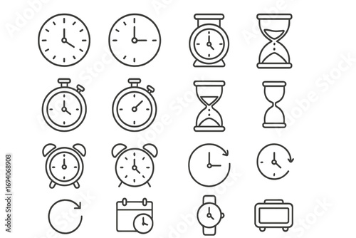 Time and clock line icon set. Vector icons of watch, hourglass, stopwatch, alarm, timer, calendar. Concept of schedule, deadline, countdown, history, time management. Outline pictogram.