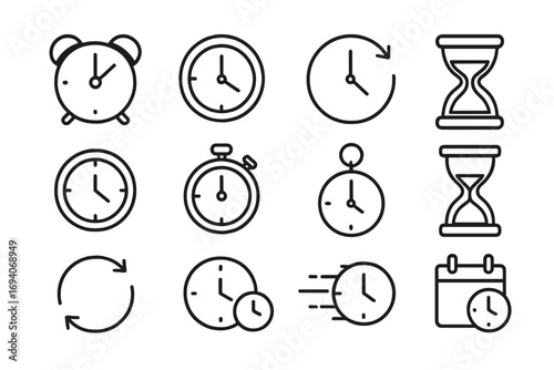 Time and clock line icon set. Watch, timer, hourglass, alarm and calendar pictograms. Editable stroke vector symbols for UI, UX, web and app design. Minimalist outline style.