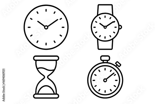 Time and clock thin line icons set. Watch, hourglass, stopwatch, timer symbols collection. Simple vector outline pictograms with editable stroke for web, ui, ux design.