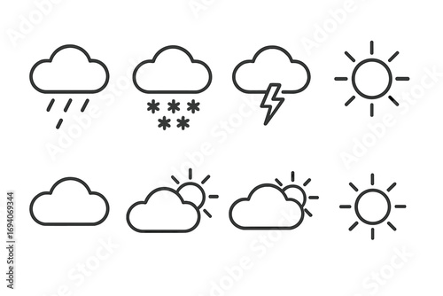 Weather forecast line icon set. Rain, snow, thunderstorm, sun, cloud icons. Meteorology symbol collection. Minimalistic linear pictogram for web design, apps, widgets, UI, UX.
