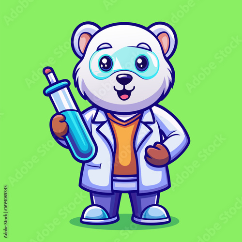 polar bear scientist looks happy while experimenting with lab tube