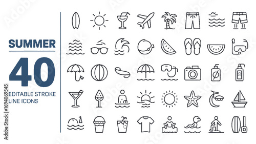 Set of 40 summer line icons. Collection of symbols representing vacation, beach, travel, and holiday for web and mobile design