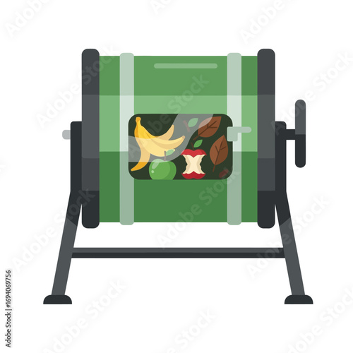 Green compost tumbler with various food scraps inside, ready for decomposition.