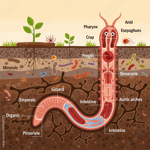 Diagram of a worm's anatomy, showing internal organs and soil components.