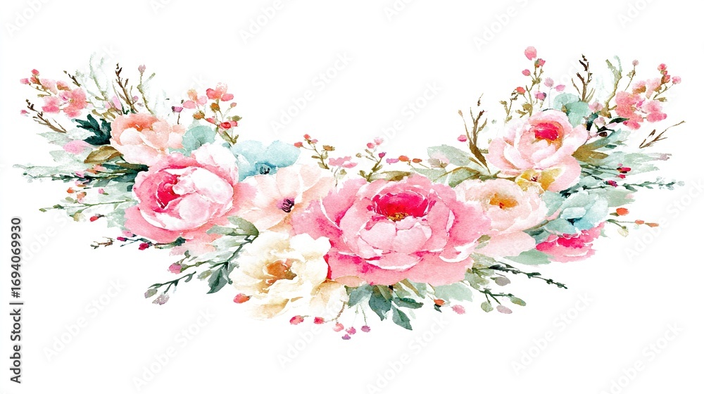 Fototapeta premium Delicate watercolor floral wreath featuring pink roses, painted with soft brush strokes on white.